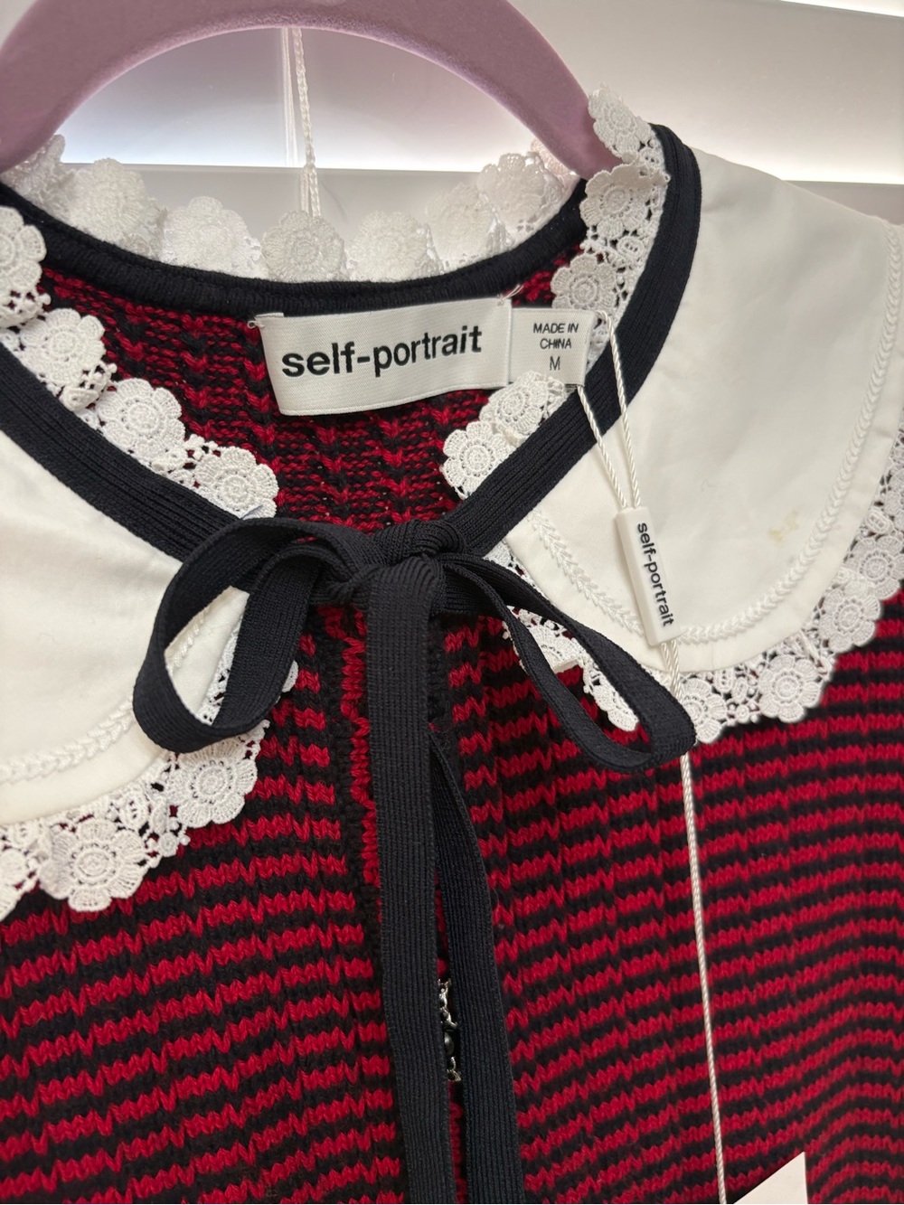 Self-Portrait Red and Black Knit Dress with White Lace Collar - Picture 4 of 8
